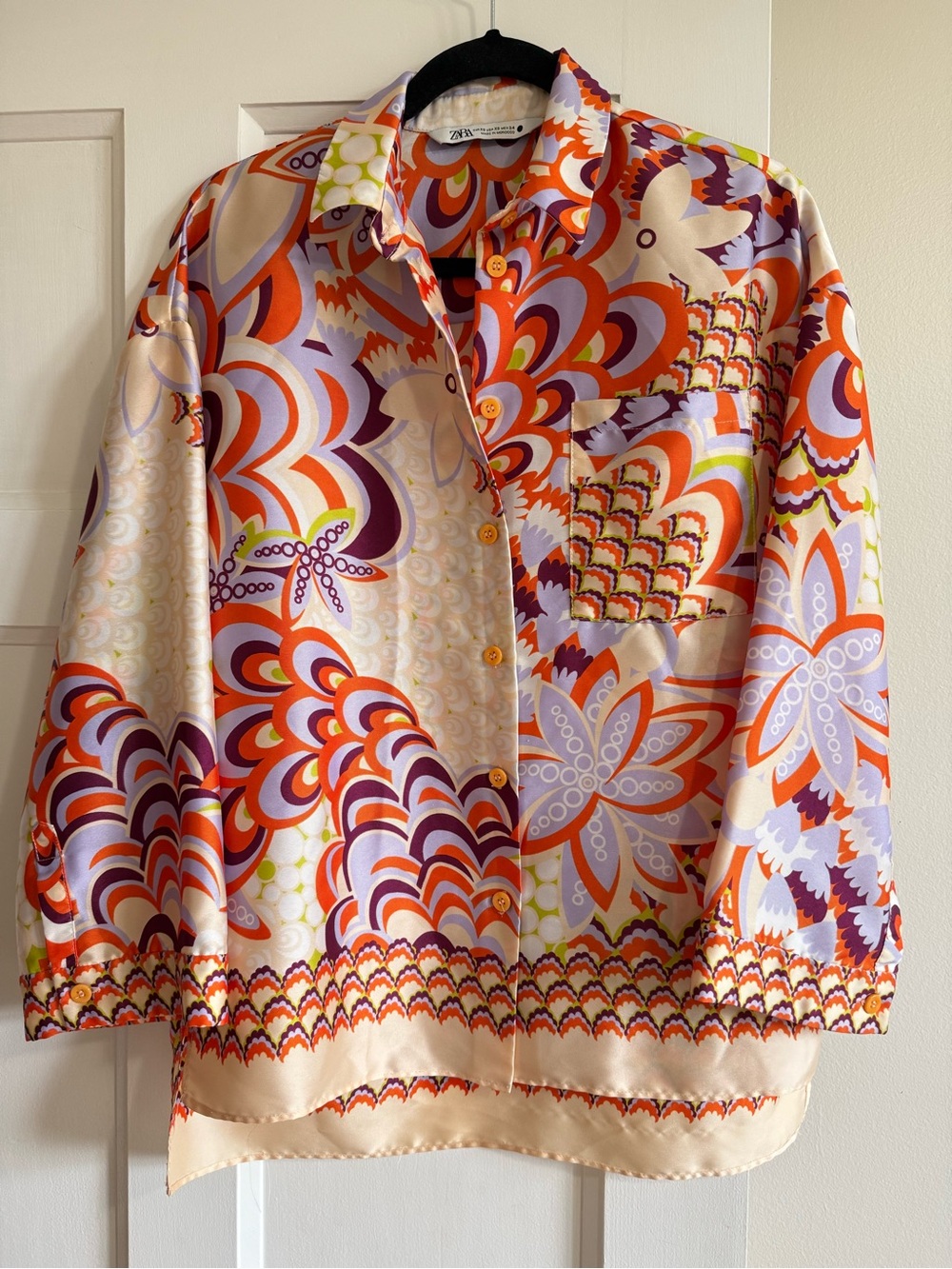 Zara Orange Multicolor Floral oversized Satin Button-Up Blouse